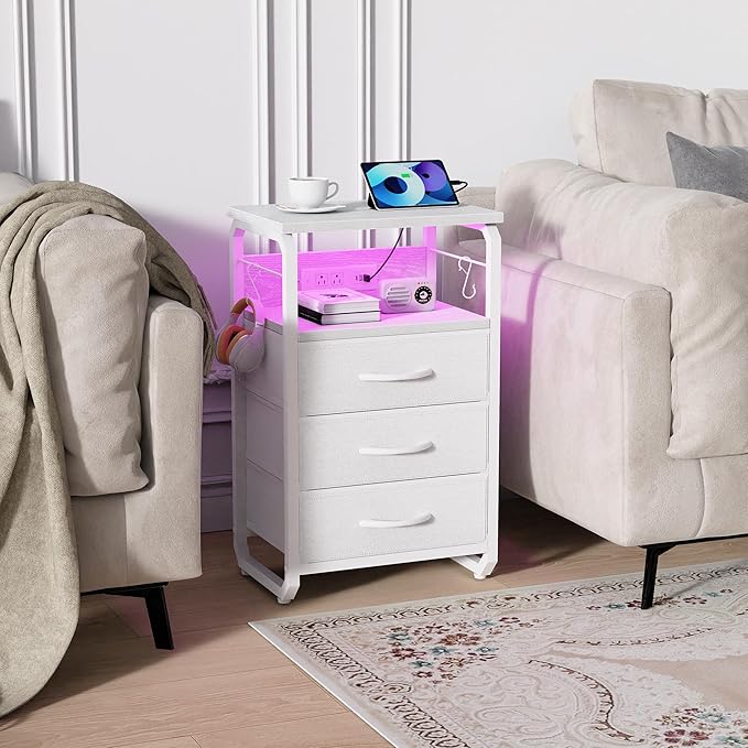 Bed Side Table with 3 Fabric Drawers, White Night Stand, LED Nightstand with Hooks, Bedside Table with Charging Station, End Table with Storage, Night Table for Living Room, Bedroom, Dorm