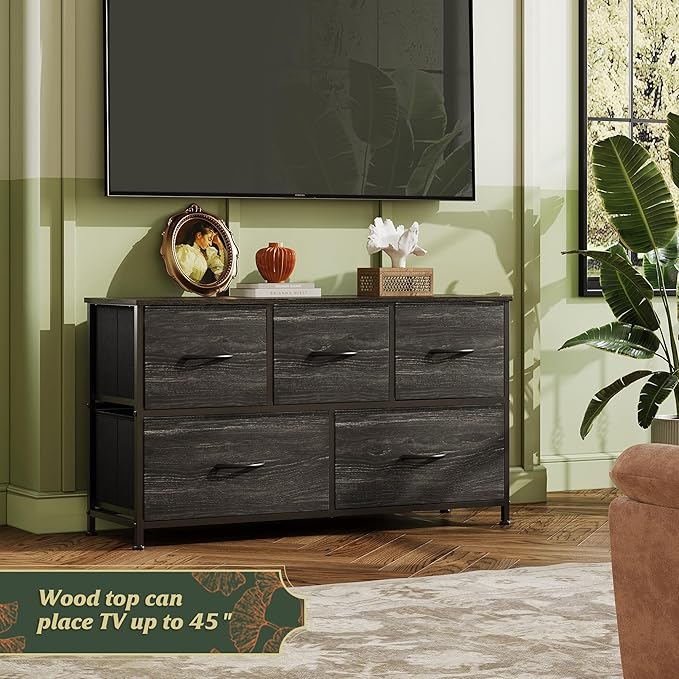 WLIVE Dresser for Bedroom with 5 Drawers, Wide Chest of Drawers, Fabric Dresser, Storage Organizer Unit with Fabric Bins for Closet, Living Room, Hallway, Charcoal Black Wood Grain Print