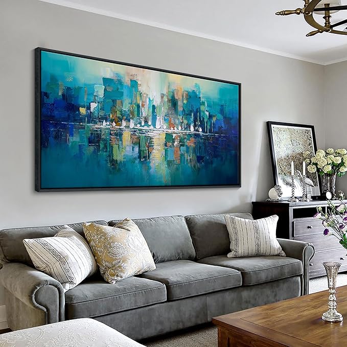 Large City view Painting Wall Art Abstract Picture for Living Room green and Yellow Home Bedroom Decoration Modem Wall Art Framed Artwork Decor 29x58
