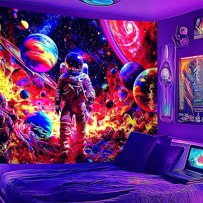 NYZE Astronaut Space Tapestry for Bedroom, Glow in the Dark Room Decor Wall Tapestries, Cool Galaxy Planet Wall Hanging, Wall Hanging for Men Guys Gamer Room Dorm Living Room 90in×70in