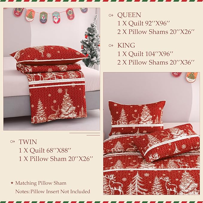 Exclusivo Mezcla Reversible Christmas Quilts Queen Size, Red Bedspread Lightweight Coverlet Winter Quilt Bedding Set with Printed Striped Trees Snowflakes Pattern (1 Quilt, 2 Pillow Shams)