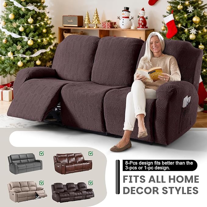VANSOFY Recliner Couch Cover, 8-Pieces Stretch Recliner Sofa Cover Soft Jacquard Reclining Slipcover Furniture Protector with Elastic Bottom for Kid, Pets(3 Seat,Dark Coffee)
