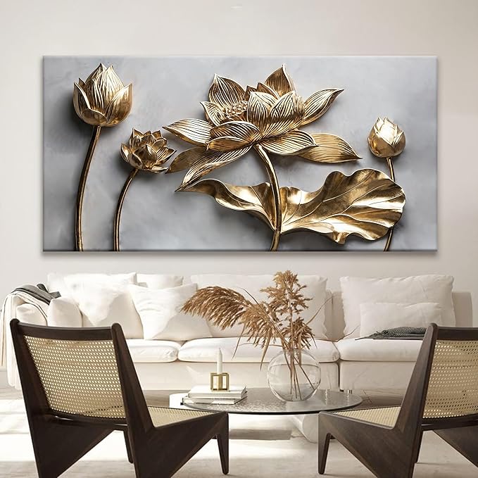 Large Wall Art For Living Room Floral Wall Artwork Modern Canvas Art Wall Decor 29" X 58" Painting Gold Flower Wall Art For Bedroom Hotel Office Apartment Decoration