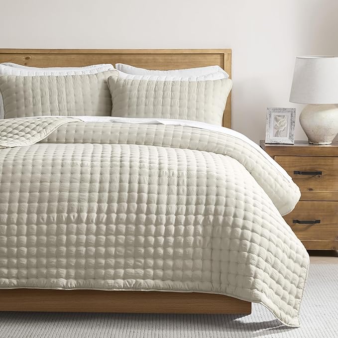 WDCOZY Beige California Oversized Cal King Size Quilt Bedding Sets with 2 Pillow Shams, Neutral Lightweight Soft Bedspread Coverlet Bed Cover for All Season, 3 Pieces, 116x106 inches