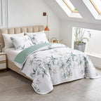 Botanical Quilt Set 3 Piece California King, Green Leaves Printed on White Reversible Bedspread Coverlet Set, Soft Microfiber Lightweight Bed Cover for All Season (102" x 114", 1 Quilt+ 2 Pillow Sham)