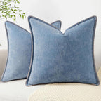 decorUhome Spring Chenille Soft Cozy Throw Pillow Covers 20x20 Set of 2, Modern Farmhouse Boho Velvet Decorative Pillow Cases with Stitched Edge for Couch Sofa Bed Home Decor, Blue