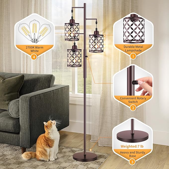 68" Dimmable Floor Lamp, Farmhouse Standing Lamp with Elegant Metal Cage, Industrial Tall Tree Floor Lamps for Living Room, Bedroom, Study Room, Office (2000LM LED Bulbs Included) - Brown