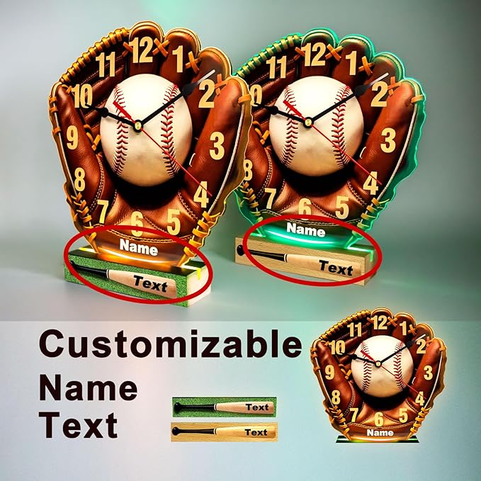 Customized Name Baseball Led Night Desk Clock,Bedroom Time Night Light,Quartz Movement,Silent Pointers,10,12 in,Baseball Themed Birthday Gift Decorating Boy's Room