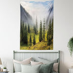 Ambesonne Forest Tapestry Twin Size, Fir Trees on Meadow Between Hillsides Conifer Woodland in Fog Before Sunrise, Wall Hanging Bedspread Bed Cover Wall Decor, 68" X 88", Gray Green