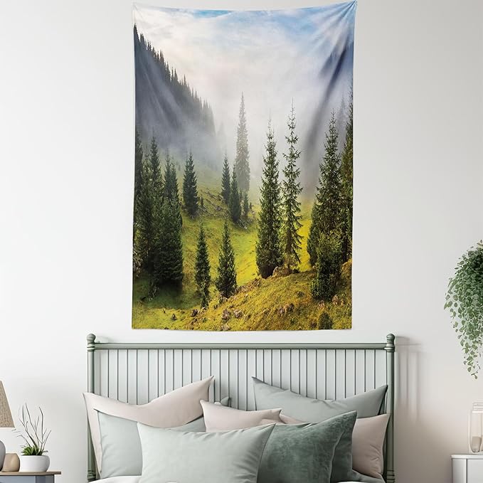 Ambesonne Forest Tapestry, Fir Trees on Meadow Between Hillsides Conifer Woodland in Fog Before Sunrise, Fabric Wall Hanging Decor for Bedroom Living Room Dorm, 23" X 28", Gray Green