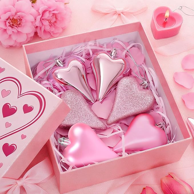 18 Pcs Valentines Tree Heart Ornaments Pink Valentines Tree Decorations, 3 Style 3.2" Valentine Hanging Ornaments for Christmas Tree Anniversary Party Decoration