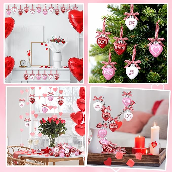 24pcs Valentines Day Ball Ornaments Set with Plastic Rose Petals 2.36 Inches Red Pink White Hanging Balls for Tree Wedding Home Anniversary Decor