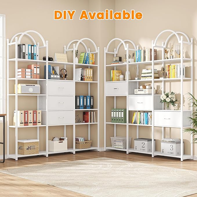 Semoic 83.5" Tall Arched Bookshelf, Triple Wide 6-Tier Large Open Book Shelf with 3 Drawers Storage, Etagere Bookcase with Display Shelf, Industrial Bookshelf with Metal Frame for Living Room, White