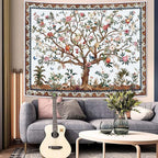 Faxdong Boho Tree of LIfe Tapestry, Vintage Flower Leaves Birds Plant Animal Pattern Tapestries, Retro Indian Bohemian Aesthetic Wall Hanging White 60×80 inch