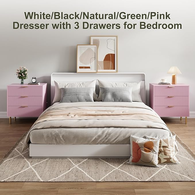GarveeHome Pink Dresser, Modern 3 Drawer Dresser for Bedroom with Gold Handle and Large Drawer, Wood Double Chest of Drawers and Storage Organizer for Living Room, Hallway, Entryway
