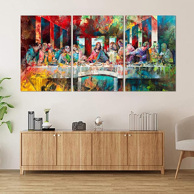 Novatique 3 Piece The Last Supper Picture Wall Art Graffiti Canvas Wall Art Modern Religious Graffiti Picture Decor Jesus Poster Home Decor for Living Room Office, 24 ”x 36 ”x 3Pcs
