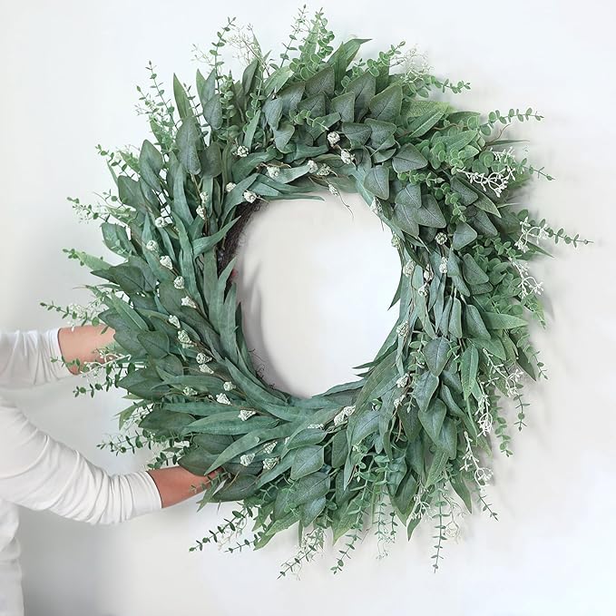 32" Eucalyptus Wreath for Front Door - Large Artificial Greenery Outdoor Wreath for Porch, Window,Farmhouse,Home,Holiday,Hanging Decor- Spring, Summer, Fall, All Seasons (Green)