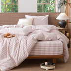 MooMee Gingham Duvet Cover Set 100% Washed Cotton Linen Like Textured Breathable Durable Soft Comfy Modern Checkered Design (Classic Gingham Greyish Pink, Queen 90"x90")