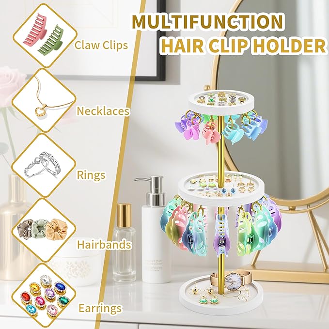 2 Tier Metal Claw Clip Organizer Holder for Women, Table Hair Clip Storage Holder with 22 Hooks and 3 Trays, Hair Accessories Organizer Display Stand for Dressing Table (White)