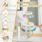 2 Tier Metal Claw Clip Organizer Holder for Women, Table Hair Clip Storage Holder with 22 Hooks and 3 Trays, Hair Accessories Organizer Display Stand for Dressing Table (White)