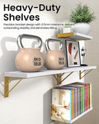 BAYKA Wall Shelves for Bedroom Decor, Floating Wall Shelf for Living Room Kitchen Storage, Mounted Rustic Wood Shelves for Kids Books, Christmas Decorations for Room(White and Gold，Set of 4)