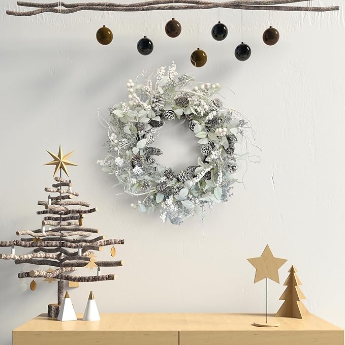 Birch Wreath with White Berries, Iced Pine Cones, Holly Leaf, Branch - 26" Winter Christmas Wreath for Front Door or Indoor Wall Window Thanksgiving Decor