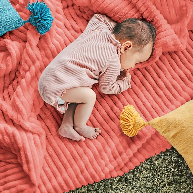 DISSA Fleece Blanket Queen Size – 90x90, Coral - Soft, Plush, Fluffy, Fuzzy, Warm, Cozy – Perfect Throw for Couch, Bed, Sofa - with Pompom Fringe - Flannel Blanket