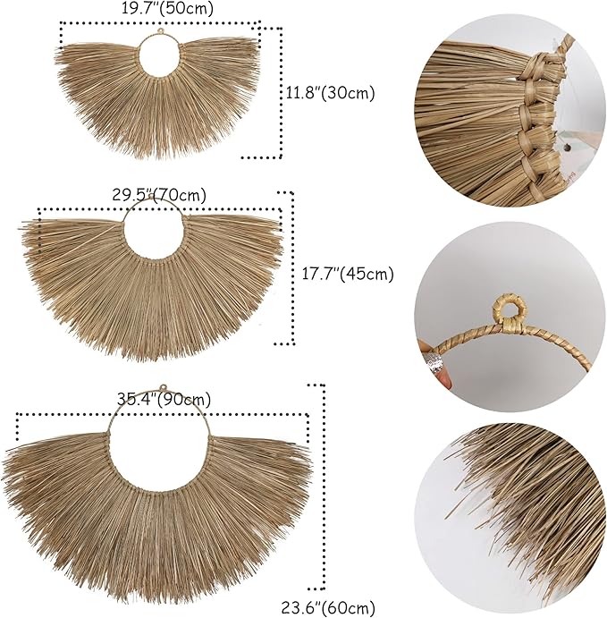 PEMAR Rustic Boho Wall Hanging Decor: Set of 3 Woven Seagrass Fans - Perfect for Living Room, Bedroom & Headboard Art (XL: 35.4" D, L: 27.6" D, M: 19.7" D)