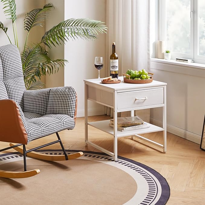 Living Room Large Side Table, End Table with Drawers, Refrigerator Stand Printer Table with Adjustable Shelves, Office Square Coffee Table White YD-TM156W