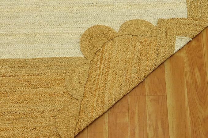 Scalloped Edge Rug, Hand Woven Natural Jute Area Rug, 6x6 Ft Square Beige & Brown Braided Kilim Rugs for Living Room, Kitchen, Entryway, Farmhouse