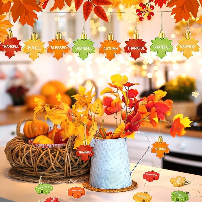 JULMELON 24Pcs Thanksgiving Ornaments, Fall LeavesTree Decorations Autumn Maple Hanging Ornaments with Rope Maple Pendant for Farmhouse Rustic Party Favors Craft Supplies