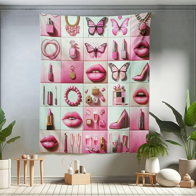 Ambesonne Pink Tapestry Twin Size, Squares of Feminine Fashion Lipstick Butterfly Makeup Glam Kisses Concepts, Wall Hanging Bedspread Bed Cover Wall Decor, 68" X 88", Pale Mint Green