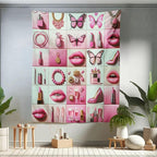 Ambesonne Pink Tapestry Twin Size, Squares of Feminine Fashion Lipstick Butterfly Makeup Glam Kisses Concepts, Wall Hanging Bedspread Bed Cover Wall Decor, 68" X 88", Pale Mint Green