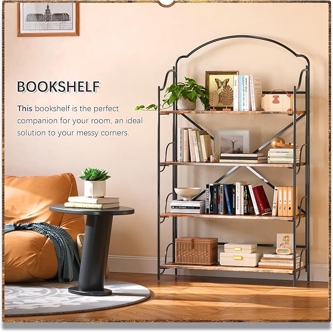 4NM No Assembly Extra Wide Folding Bookshelf for Living Room, 4 Tiers Collapsible Book Shelves Open Industrial Foldable Bookcase Storage Shelf for Home Office - Rustic Brown Black