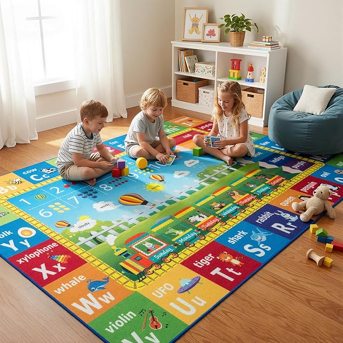 ST. BRIDGE Educational Kids Area Rug 6x9 Feet, Non Slip Play Mat Learning with ABC Alphabet, Numbers & Animals for Preschool Toddler, Soft Washable Carpet for Playroom Nursery Classroom Bedroom