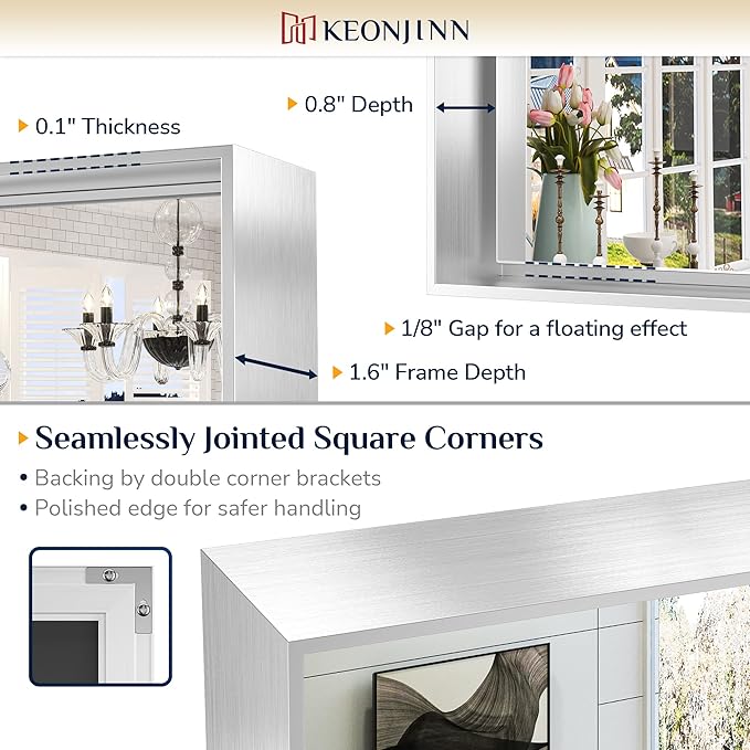 Keonjinn Brushed Silver Bathroom Mirror 24 x 36 Inch, Silver Rectangle Wall Vanity Mirror, Metal Framed Modern Rectangular Mirrors, Decorative Square Corner Farmhouse Mirrors(Horizontal/Vertical)