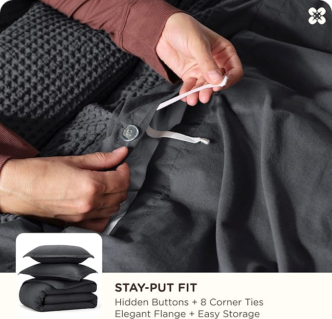 Bedsure Cotton Duvet Cover Full - 100% Cotton Waffle Weave Charcoal Duvet Cover Set, GentleSoft™ and Breathable Bedding Set for All Season, 3 Pieces, 80"x90"