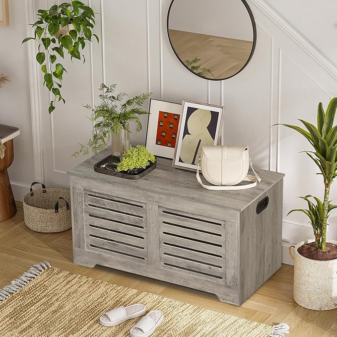 DINZI LVJ Storage Chest, Flip-Top Wooden Toy Box with 2 Safety Hinges, Entryway Shoe Storage Bench, Good Ventilation, Storage Trunk for Living Room, Bedroom, Easy Assembly, Gray Wash