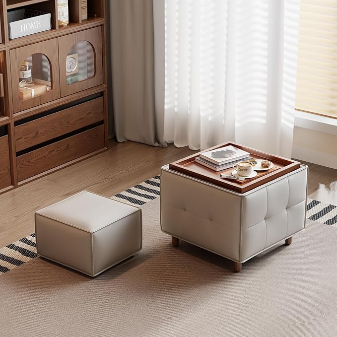 Square Ottoman with Storage Set of 2, Leather Coffee Table Ottoman, Multifunctional Foot Rest Stool with Storage for Living Room & Bedroom