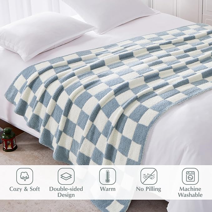 WRENSONGE Checkered Throw Blanket, Grey Blue Soft Cozy Fluffy Warm Hand Made Throw Blankets for Couch, Sofa, Chair, Bed, Camping, Picnic, Travel Lightweight Bed Blanket - 50"*70"