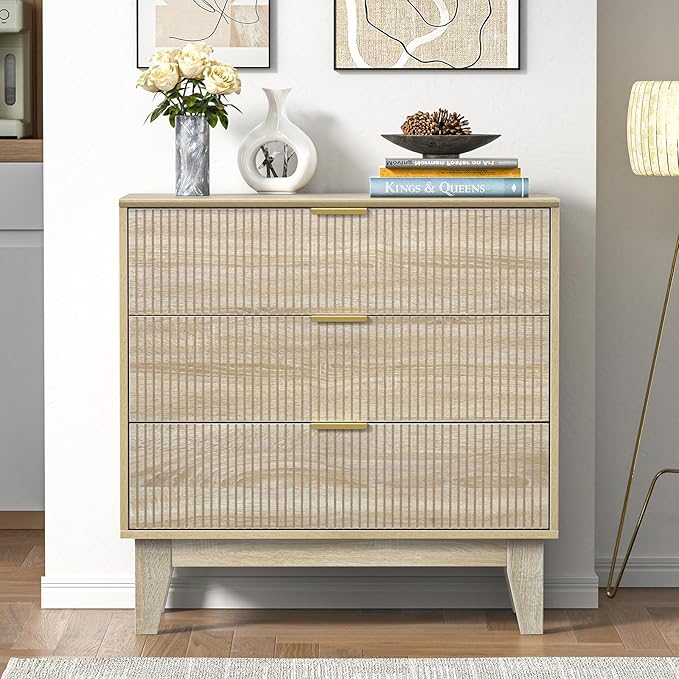 Anmytek 3 Drawer Dresser for Bedroom, Modern Closet Dressers Chest of Drawers, Wood Tall Dresser Storage Dresser Large Nightstand for Bedroom Living Room Hallway Closet, H0113