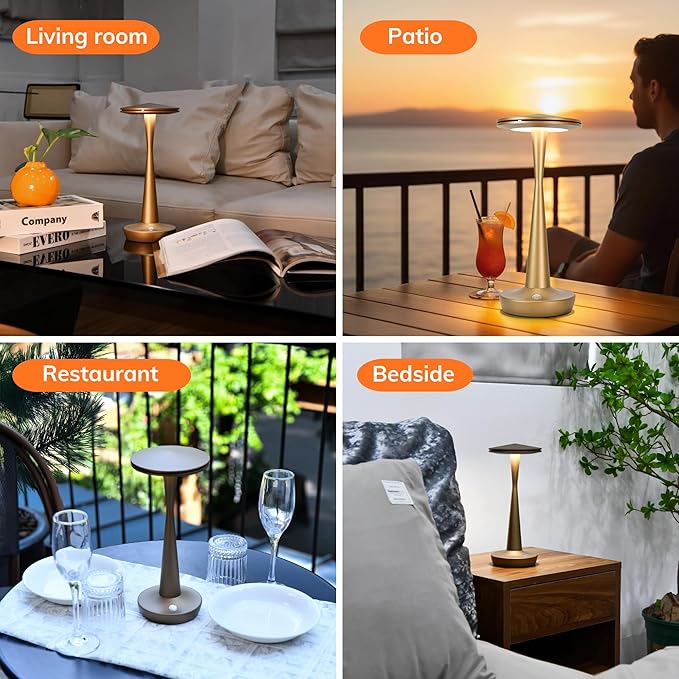 Cordless Rechargeable Table Lamp - 6000mAh Portable LED Battery Operated Table Light - Outdoor Waterproof Dimmable Table Lamps for Restaurant Dining Bedroom Bars Home Patio Outdoor (2 Bronze)