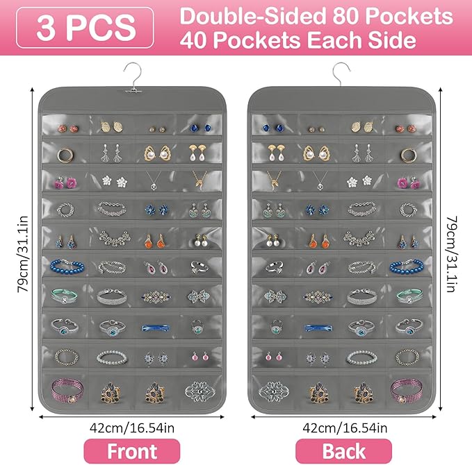 Hanging Jewelry Organizer for Closet with Swiveling Hanger, 17 x 30 In, 80 Clear Pockets Jewelry Organizer Hanging for Jewelries, Earrings, Accessories (Beige) (3, Gray)