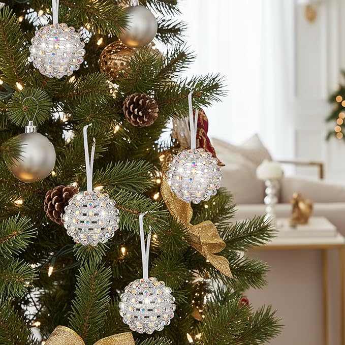 Iridescent Crystal Rhinestone Ball Ornaments, 4 Pack Handcrafted Sparkling Christmas Tree Decorations, Hanging Ornaments for Holiday & Home Décor in Luxury Gift Box