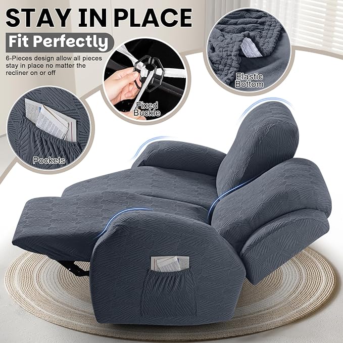VANSOFY Recliner Loveseat Cover, 6-Pieces Stretch Dual Recliner Sofa Cover Soft Jacquard Reclining Couch Slipcover Furniture Protector with Elastic Bottom for Kid, Pets(2 Seat,Gray)
