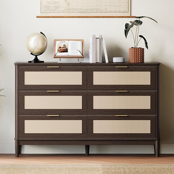 LINSY HOME Rattan Dresser with 6 Deep Drawers, 47" Wide Long Chest of Drawers, Mid Century Modern Tall Dresser, Large Wood Boho Storage Cabinet for Bedroom with Metal Handle and Durable Legs, Walnut
