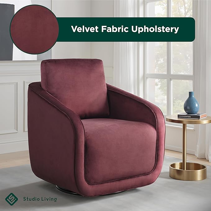 Studio Living® Lydia 35.3" Swivel Accent Chair, Modern Boho, Fully Assembled, Pocket Coil Comfort, Round Swivel Base Leg, Soft Velvet Fabric, Plum