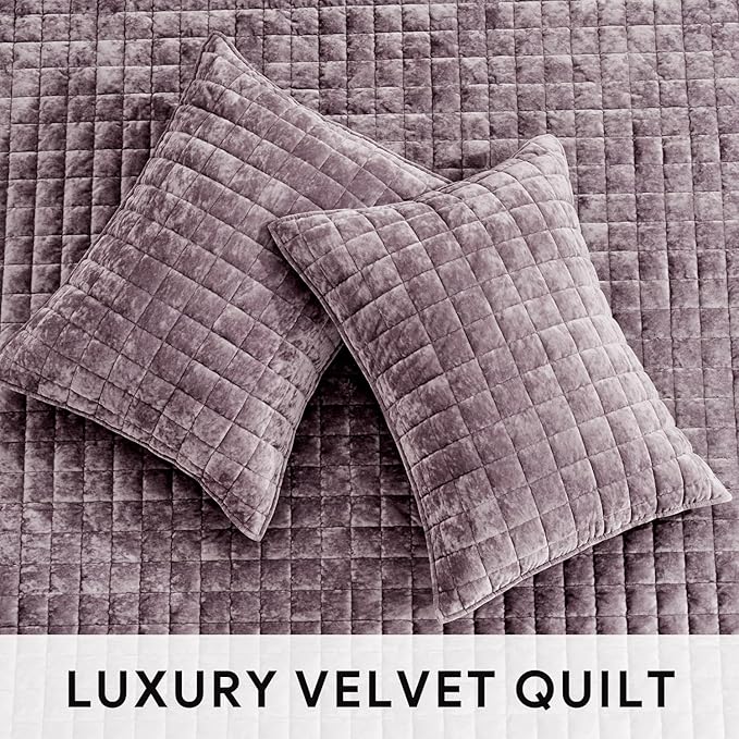 RECYCO Luxury Velvet Quilt Set Full Queen Size Bedding Sets, Ultra Soft Velvet Comforter Set, Lightweight Channel Box Stitch Oversized Bedspread Coverlet for All Season, with 2 Shams, Purple