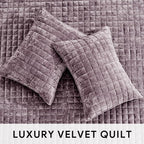 RECYCO Luxury Velvet Quilt Set King Size Bedding Sets, Ultra Soft Velvet Comforter Set, Lightweight Grid Box Stitch Oversized Bedspread Coverlet for All Season, with 2 Shams, Purple