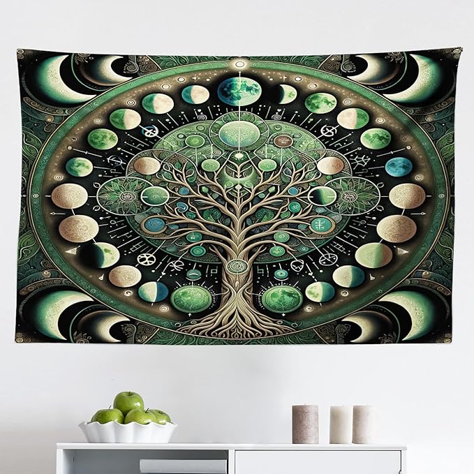 Ambesonne Green Tapestry, Moon Phases Around a Tree of Life Enhance Night Boho Astrology Design Print, Fabric Wall Hanging Decor for Bedroom Living Room Dorm, 45" X 30", Black Ecru and Blue